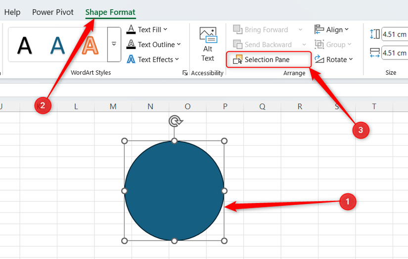 Hình 4: Một hình tròn trong Excel được chọn, và Bảng Chọn trong tab Định dạng Hình dạng được làm nổi bật.