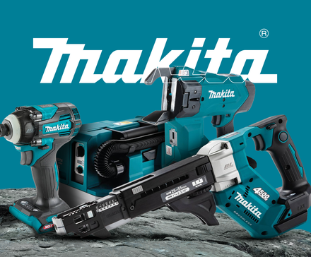 Коллаж инструментов Makita, разложенных на камнях.