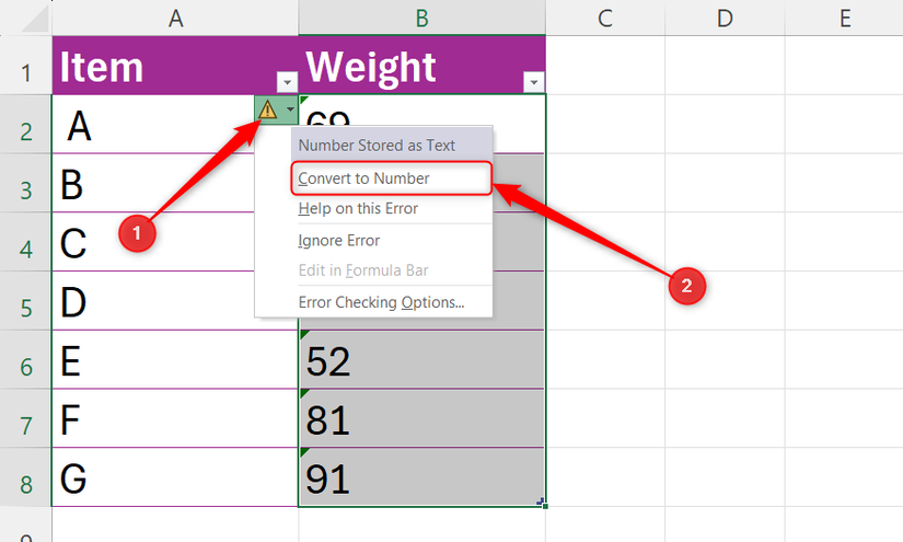 В меню ошибок Excel выбрана опция Преобразовать в число.