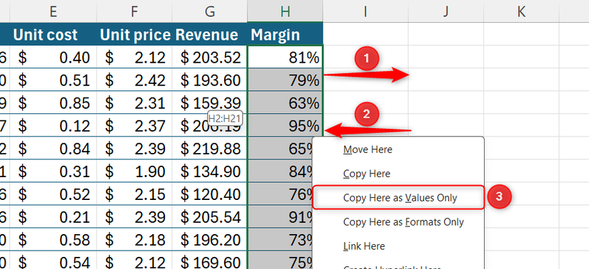 A column in Excel is moved to the right and back to the left again using the right-click mouse gesture, and Copy Here as Values Only is selected in the pop-up menu.