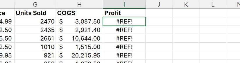 Hình 22: Một cột công thức bị hỏng trong Excel, được chỉ ra thông qua lỗi REF.