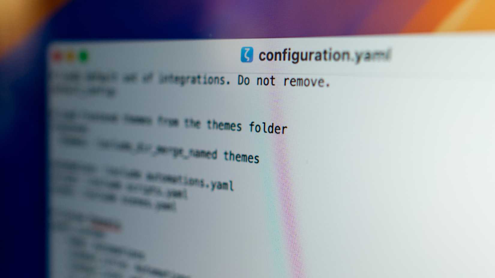 configuration.yaml file open in a text editor on a Mac.