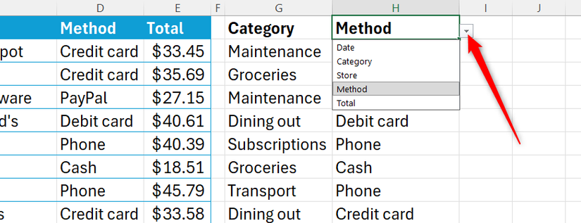 Image 31: Một menu thả xuống trong ô H1 của bảng tính Excel, chứa các tiêu đề cột từ một bảng.