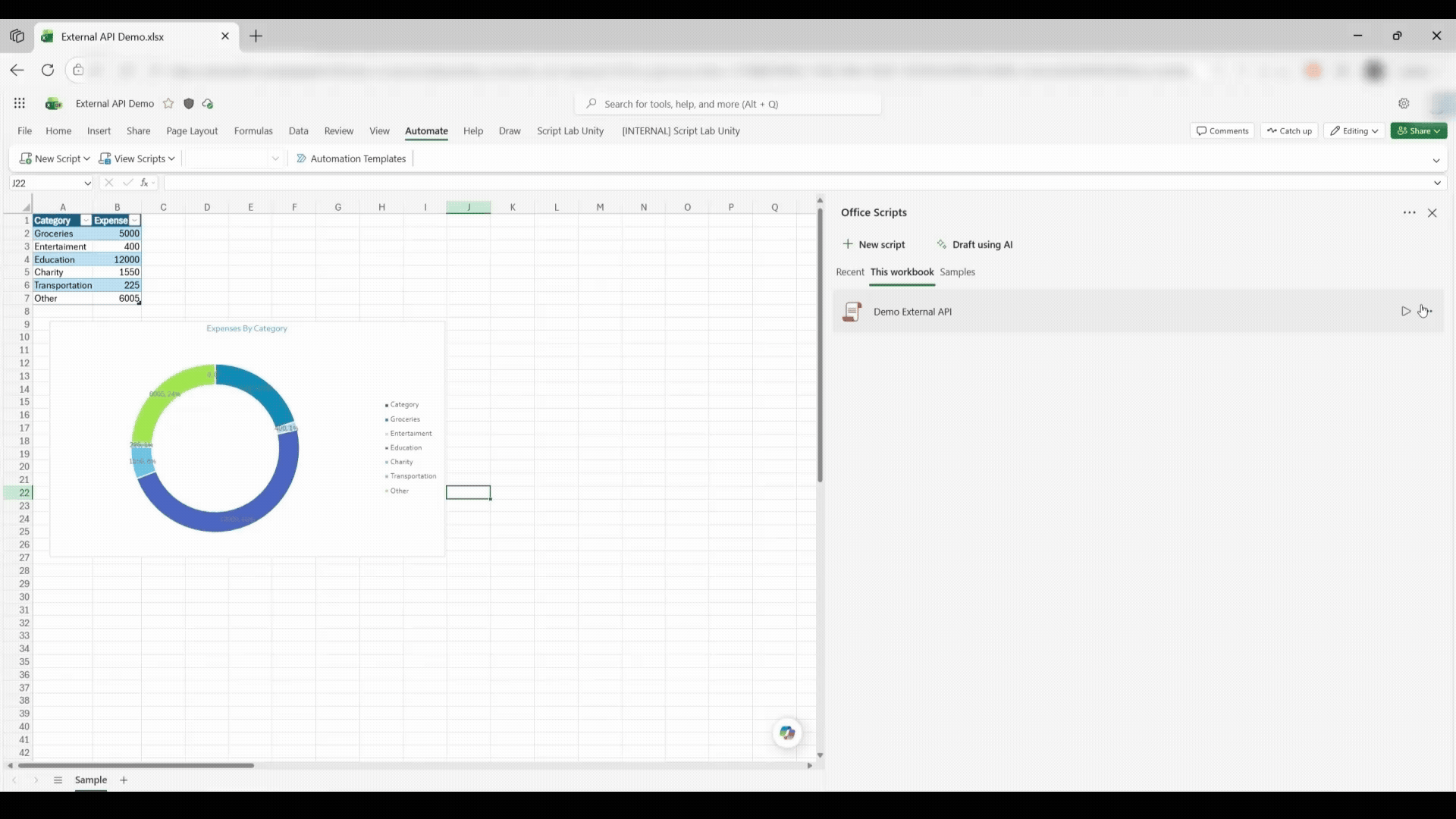 A GIF of the process in Excel for the web of using Office Scripts to save and send a worksheet as a PDF.-anim