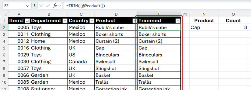 A helper column in Excel where the TRIM function is used to tidy up a Product column.