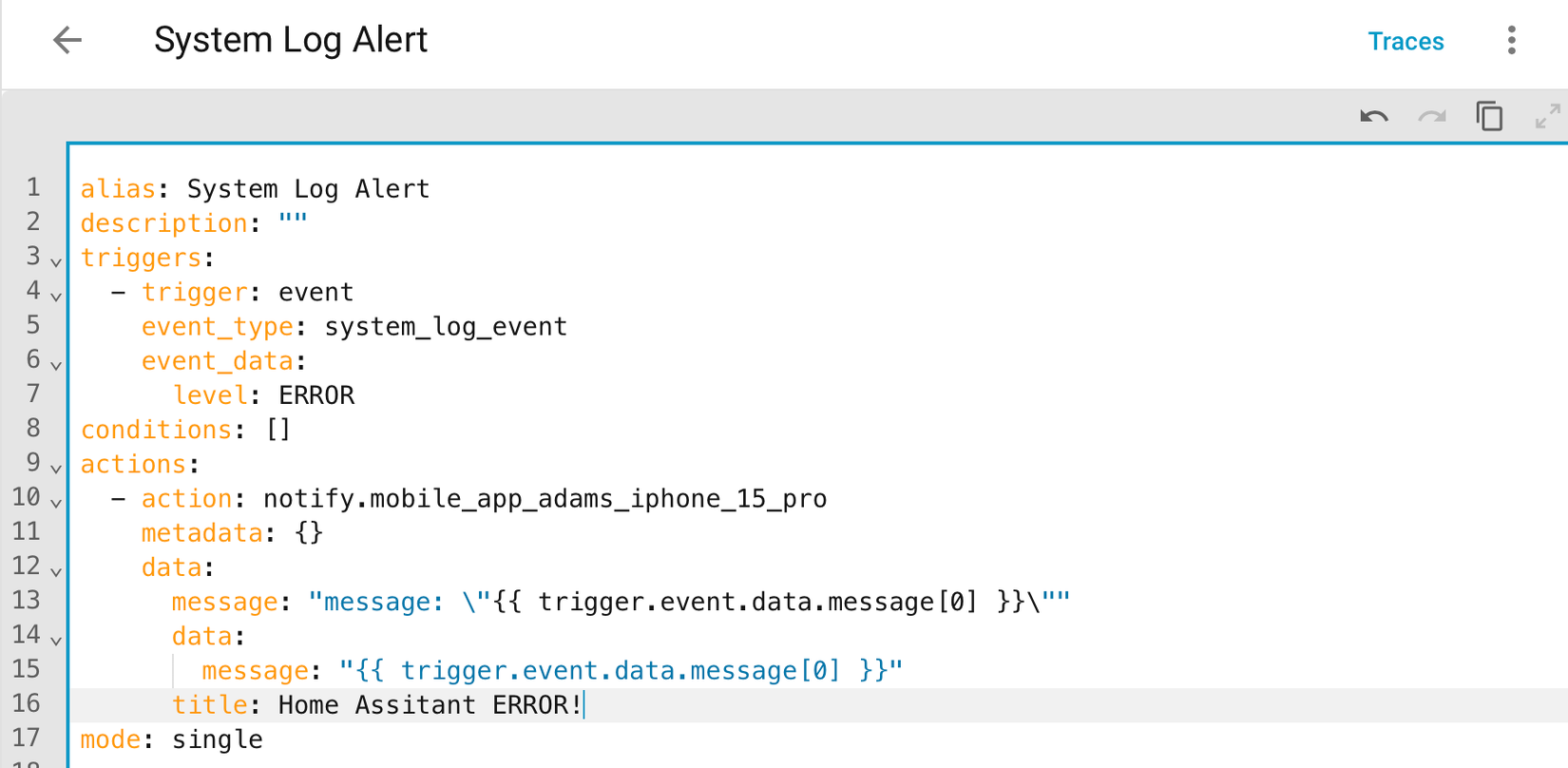 A Home Assistant automation for sending an alert when an error is logged in the system log.