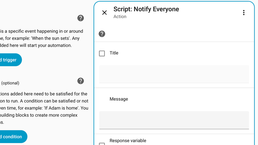 A Home Assistant script action showing fields for the title and message.