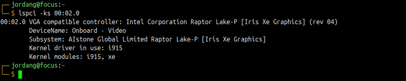 A Linux terminal showing kernel driver and moduel info for a device.