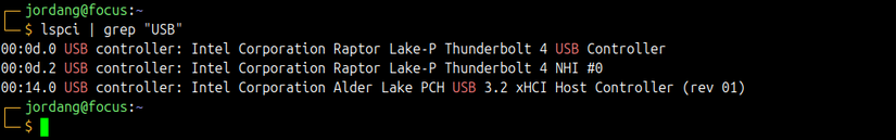 A Linux terminal showing the output of the lspci command piped into grep filtering for the USB term.