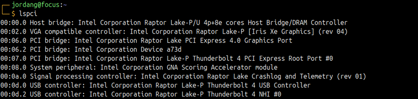 A Linux terminal showing the output of the lspci command with no flags.