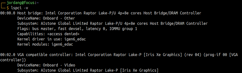 A Linux terminal showing the output of the lspci command with the -v flag.