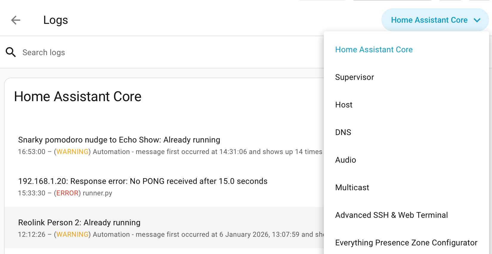 A list of log options in Home Assistant including Home Assistant Core, Supervisor, Host, DNS, Audio, Multicast, and more.