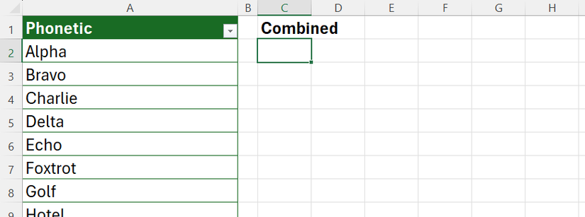 Une liste des codes de l'alphabet phonétique OTAN dans un tableau Excel et une zone vierge « combinée » à droite du tableau où une formule sera saisie.