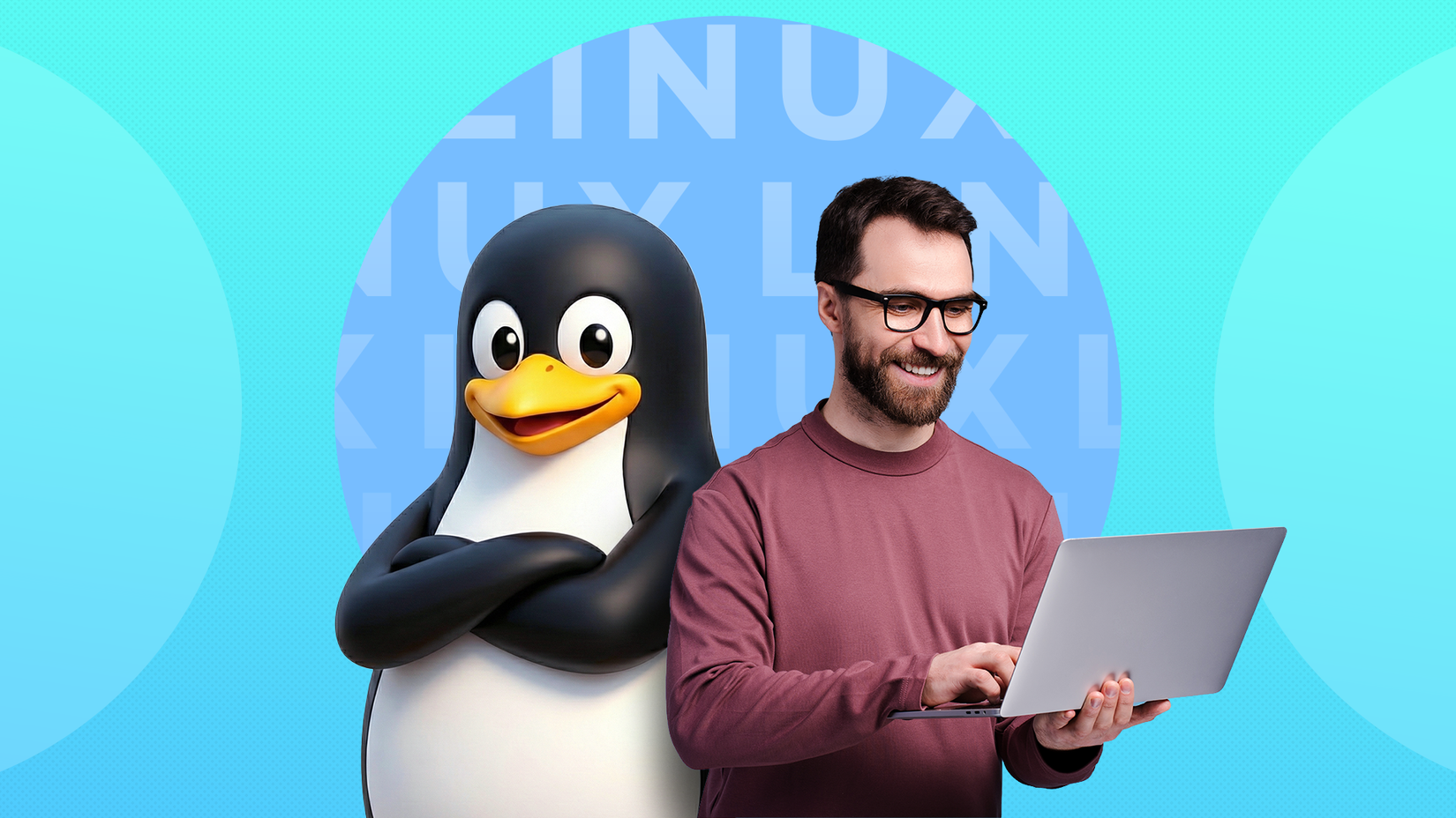 A man holding a laptop next to the Linux mascot, Tux, standing with crossed arms.