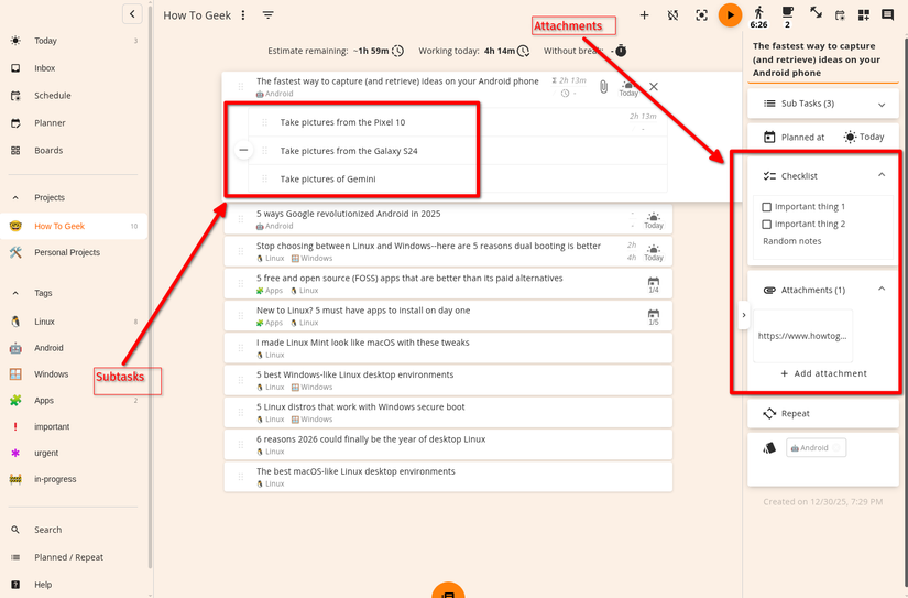 A parent task with subtasks in the Super Productivity app.