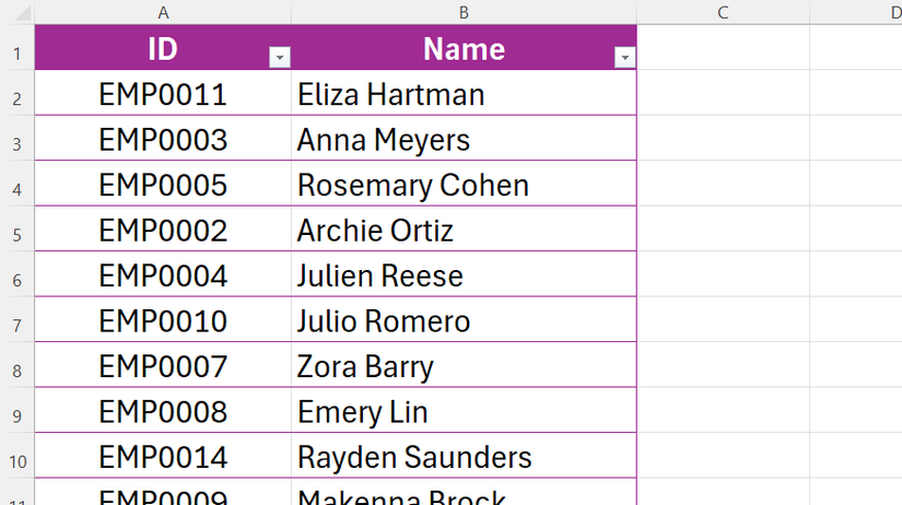 Перемешанный список сотрудников в таблице Excel.