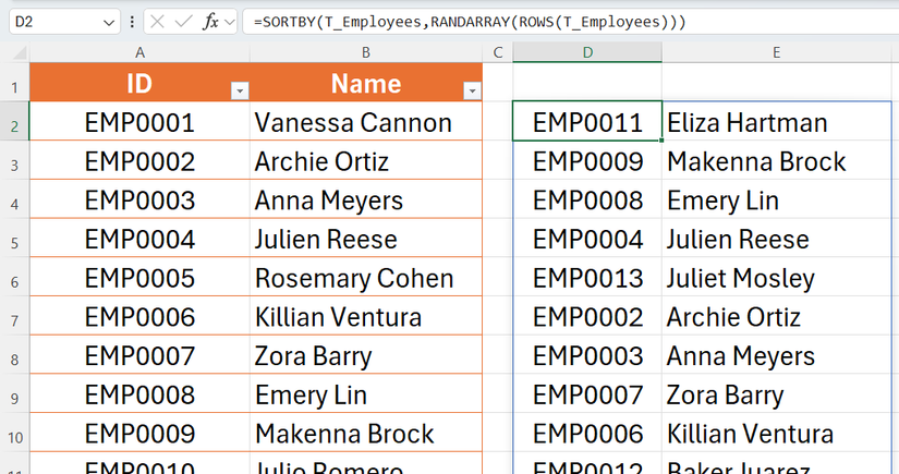 Перемешанная таблица сотрудников с помощью формулы SORTBY.