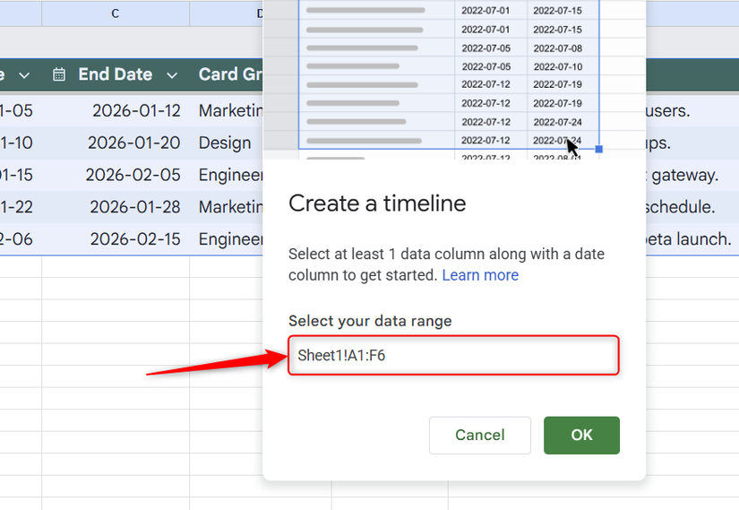 A range of cells for a timeline in Sheets is specified in the pop-up box.