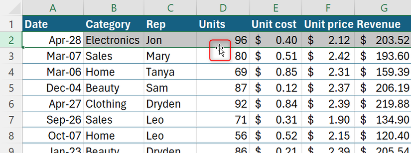 Hình 19: Một hàng trong Excel được chọn và con trỏ chuột được di chuyển qua cạnh của vùng chọn để nó biến thành mũi tên bốn chiều.