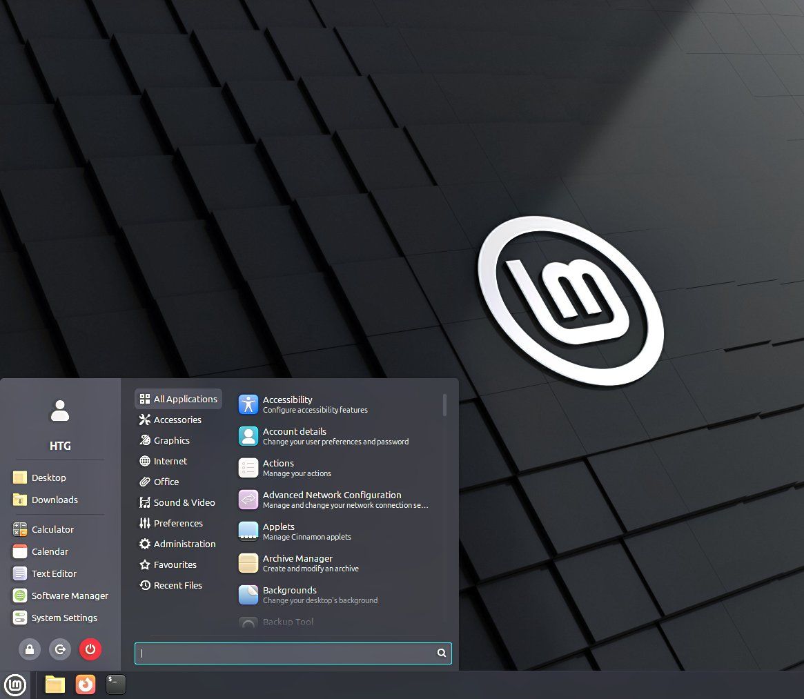 A screenshot of Linux Mint's Start Menu options