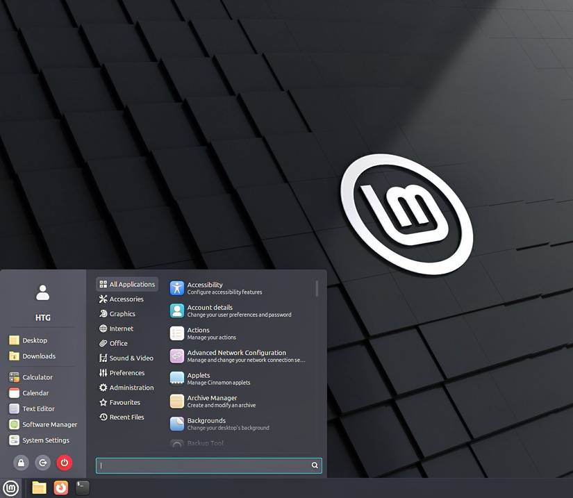 A screenshot of Linux Mint's Start Menu options
