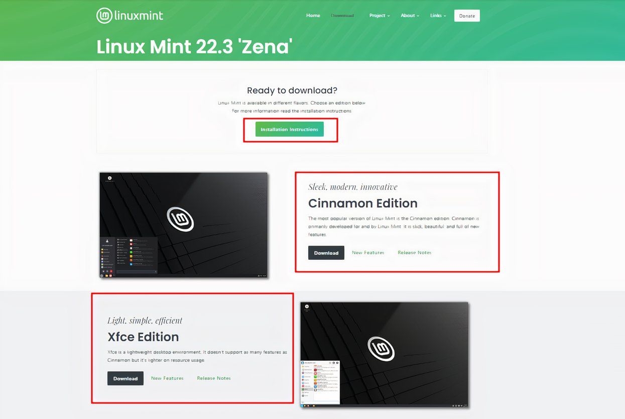 A screenshot of Linux Mint's super optimized download page