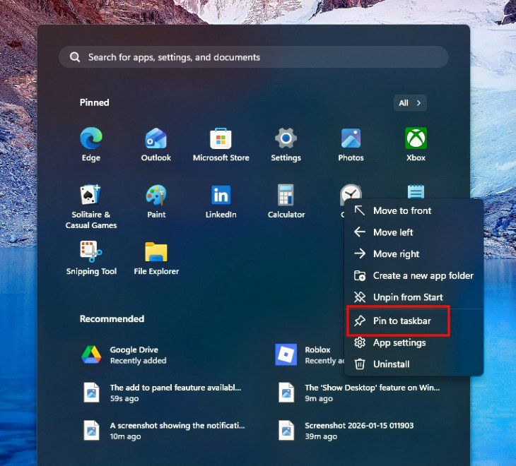 A screenshot of Windows pin to taskbar option