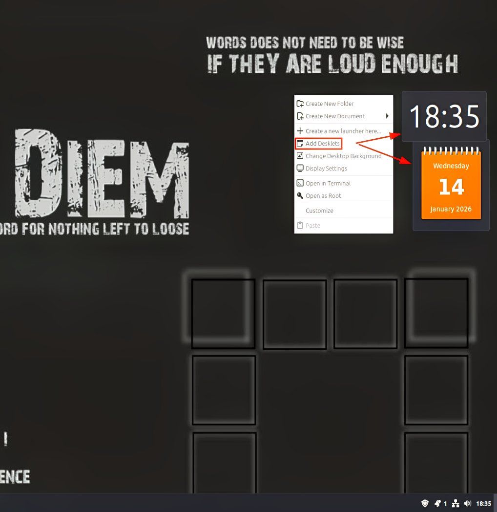 A screenshot showing the ease of adding desktop widgets on Linux Mint