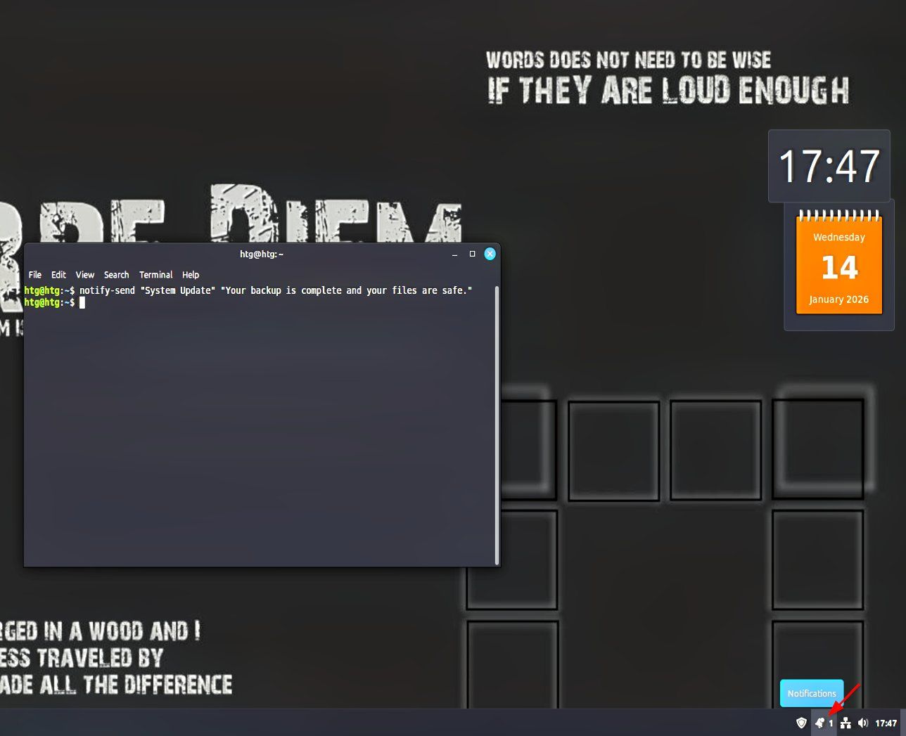 A screenshot showing the notification hub on Linux Mint