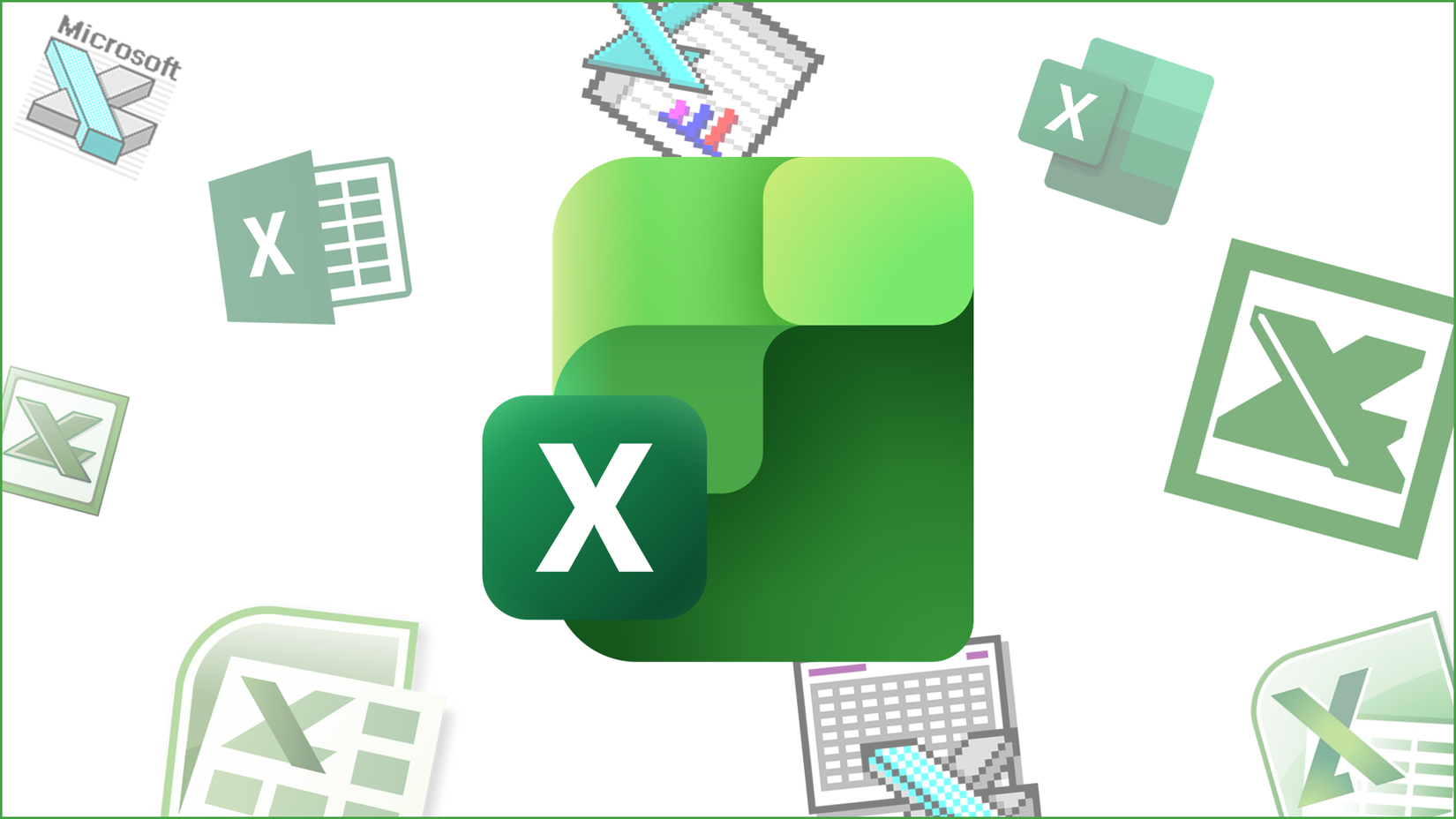 Image 22: Một loạt logo Excel lịch sử ở nền phía sau, phía sau là phiên bản logo năm 2025.
