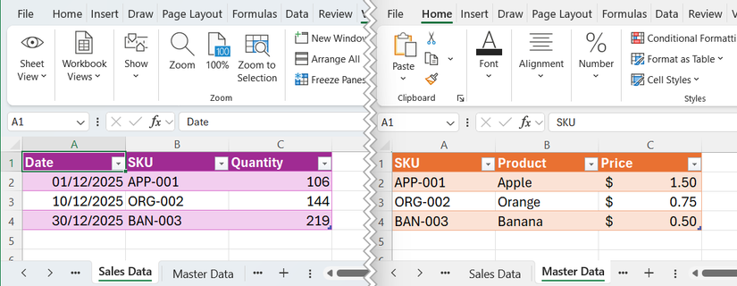Hình 12: Giao diện song song của hai trang tính Excel từ cùng một workbook. Trang đầu tiên là dữ liệu bán hàng, và trang thứ hai là dữ liệu chính.