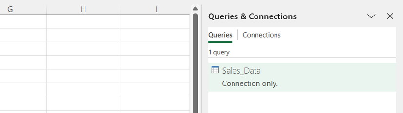 Hình 15: Một bảng có tên Sales_Data được lưu trữ dưới dạng kết nối trong ngăn bên Queries and Connections của Excel.