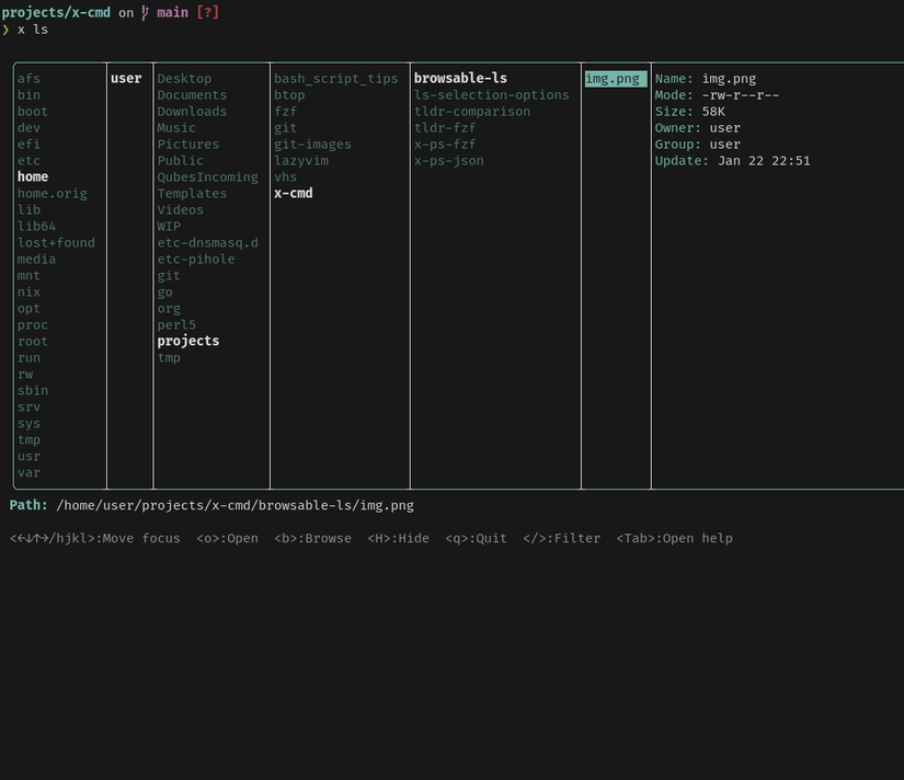 Una ventana de terminal muestra un explorador de archivos navegable. Muestra una vista de varias columnas de directorios y archivos con metadatos para el archivo seleccionado.