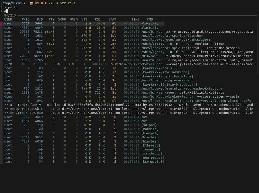 Una ventana de terminal muestra un buscador difuso para procesos en ejecución. Muestra una tabla con columnas para usuario, PID, CPU, memoria y comando.