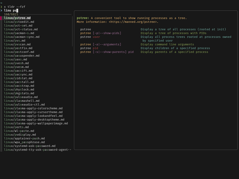 Una ventana de terminal muestra un buscador difuso para páginas tldr. Una consulta de búsqueda filtra los resultados a la izquierda y la página seleccionada se obtiene una vista previa a la derecha.