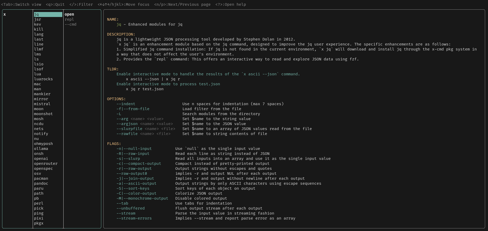 Una ventana de terminal muestra un menú de ayuda de tres columnas. La columna de la izquierda enumera los módulos, la del medio muestra los subcomandos y la derecha muestra la documentación.