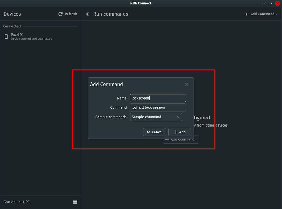 Добавление команды блокировки экрана в KDE Connect на Linux.