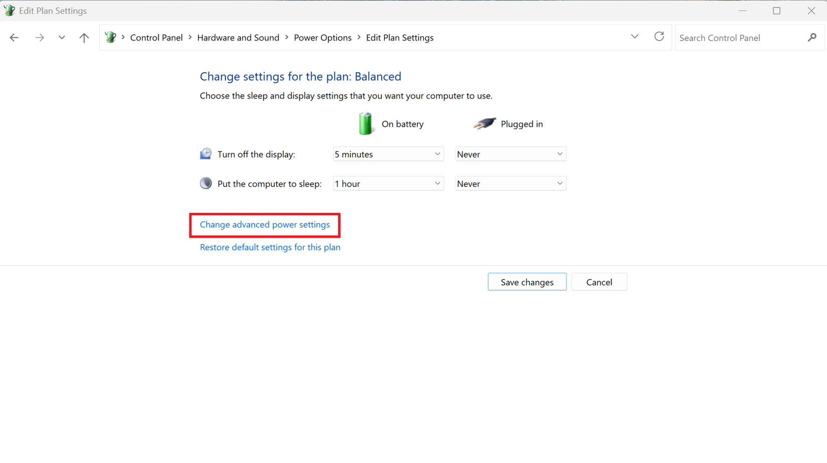 A screenshot fo Windows 11 control panel open to the Power options. Change advanced power settings is highlighted in red.
