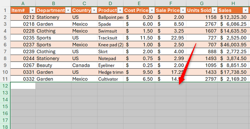 All rows below the last row of a table in Excel are selected.