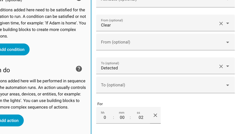 Действие в автоматизации Home Assistant с параметром for, установленным на 2 секунды.