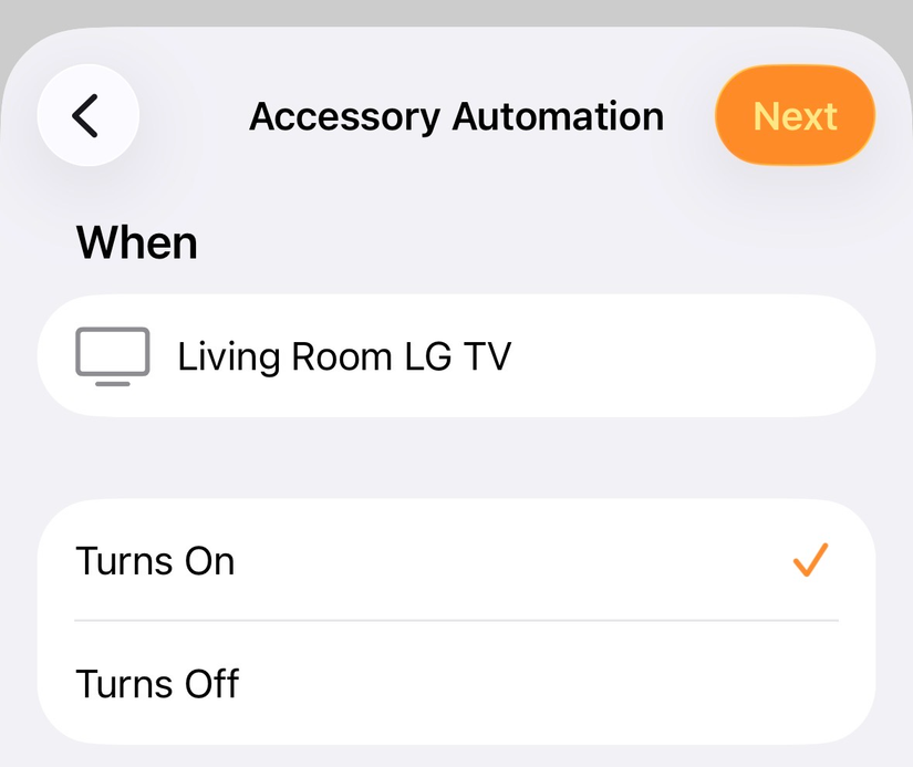 An automation in Apple Home that is triggered when a smart TV is turned on.