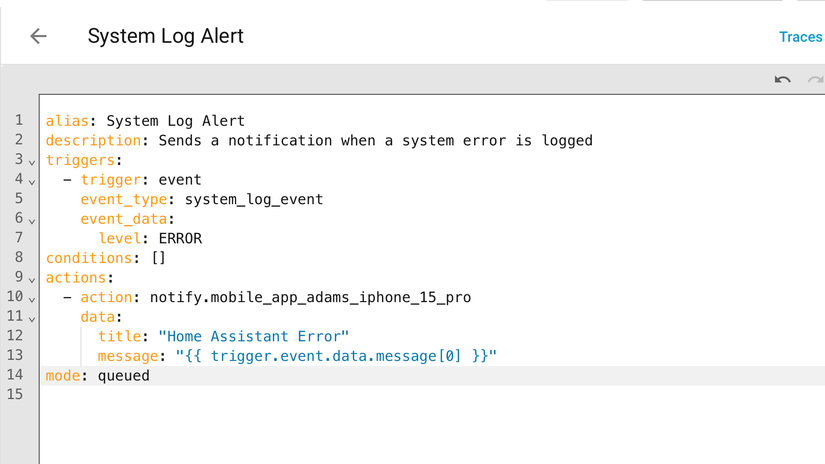 An automation to send a notification when a warning message appears in the Home Assistant system logs.