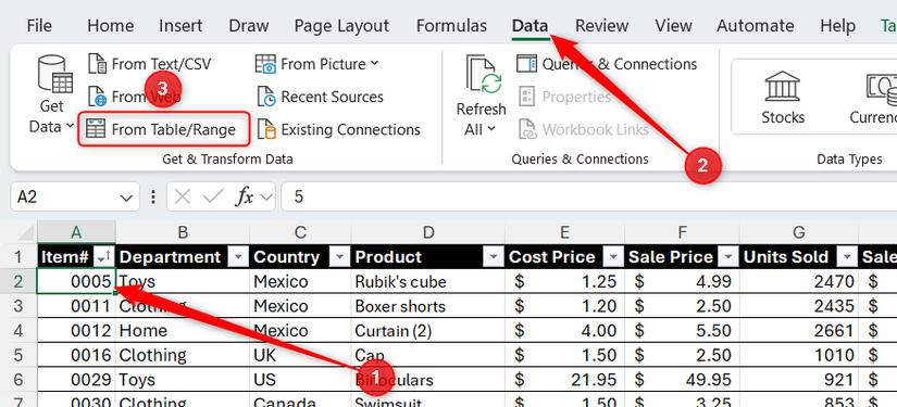 Hình 2: Một ô trong bảng Excel được chọn, và From Table or Range trong tab Data được làm nổi bật.