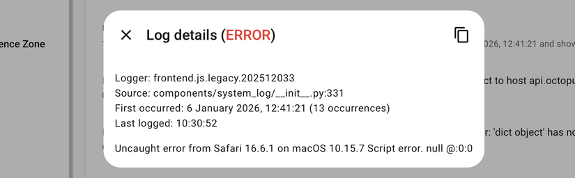 An error message about an uncaught error from Safari in the Home Assistant system logs.