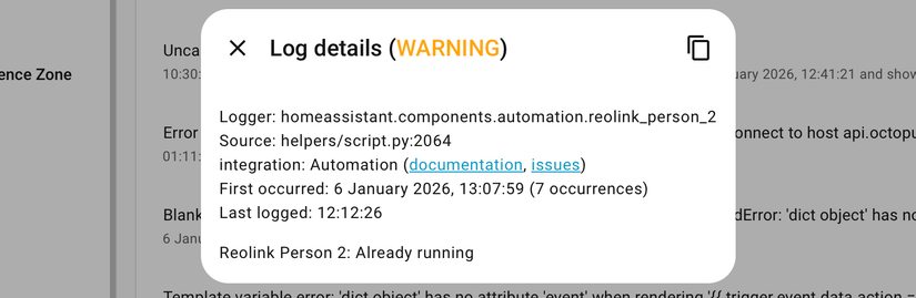 An error message in the Home Assistant system logs relating to an automation trying to run before the previous run has completed.
