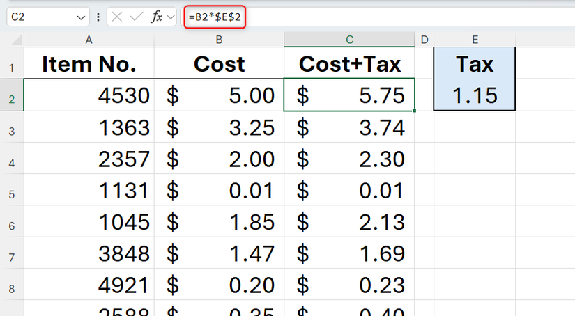 An Excel formula that calculates tax by multiplying cost by a cell containing 1.15.