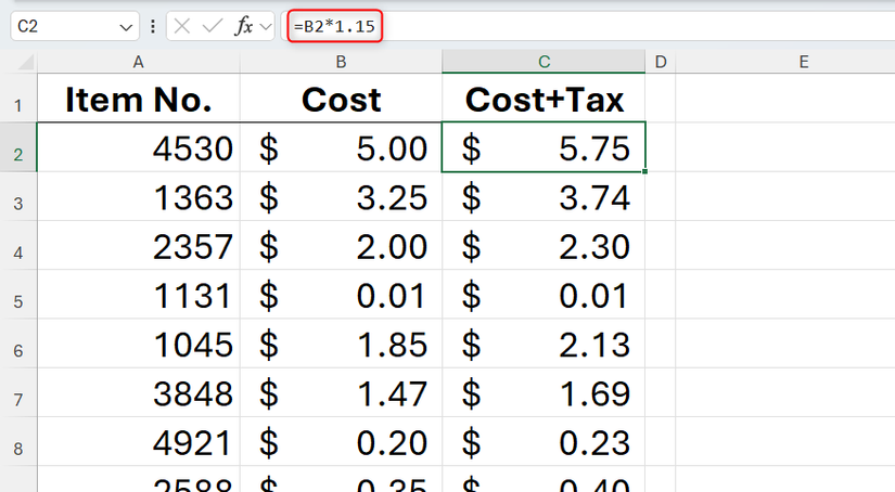 An Excel formula that calculates tax by multiplying cost by a hard-coded value of 1.15.