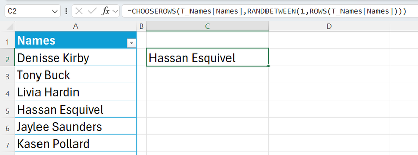 Hình 5: Một công thức Excel sử dụng CHOOSEROWS, RANDBETWEEN và ROWS để chọn một tên ngẫu nhiên từ danh sách trong bảng.