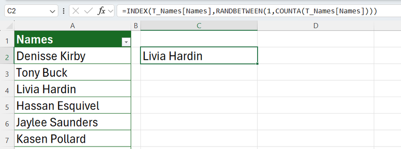 Hình 3: Một công thức Excel sử dụng INDEX, RANDBETWEEN và COUNTA để chọn một tên ngẫu nhiên từ danh sách trong bảng.