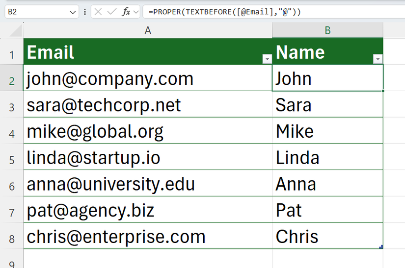 Таблица Excel: в одном столбце email, в соседнем — имя, вытянутое через PROPER+TEXTBEFORE.